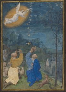 Annunciation to the Shepherds/ Master of the Houghton Miniatures (Flemish, act. ca. 1480-ca. 1485). The Annunciation to the Shepherds, late 1470s-early 1480s, from the Emerson-White Hours. Ghent (?). Tempera colors and gold paint on parchment. 12.5 x 9 cm. 95.ML.53 recto. J. Paul Getty Museum. Public Domain