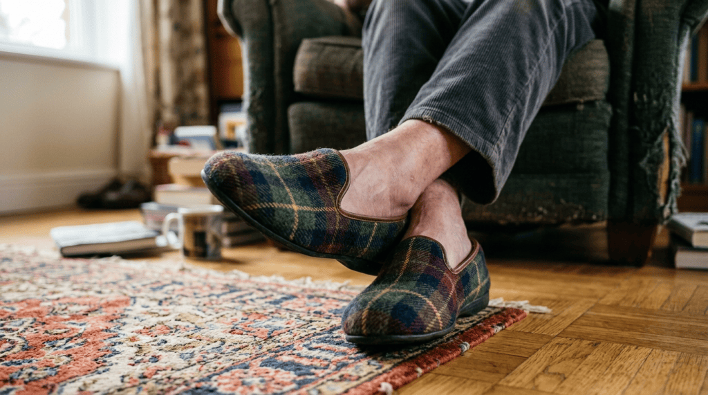 Crossed feet wearing blue slippers beside a colorful rug