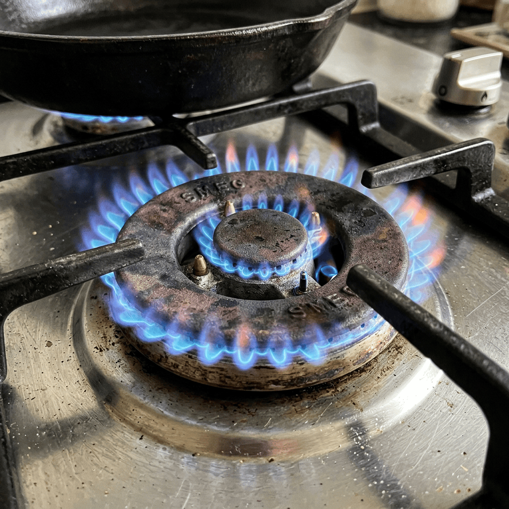 Blue flames burning beneath a cast-iron pan on a gas stove
